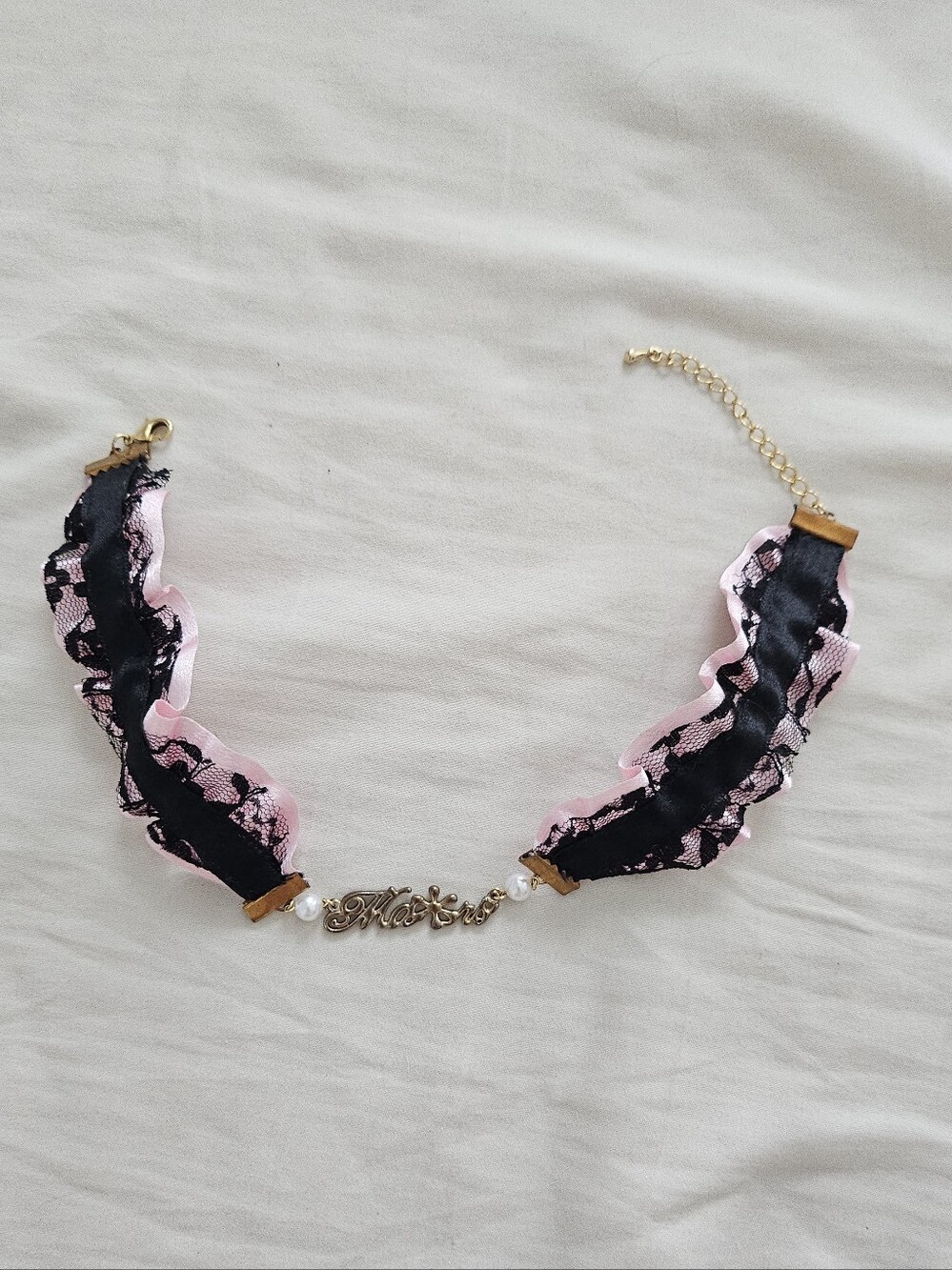 Ma*rs Rare Gyaru Pink And Black Lace Satin Logo Choker